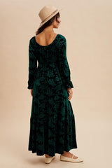 Emerald Green Velvet Jacquard Floral Maxi Dress