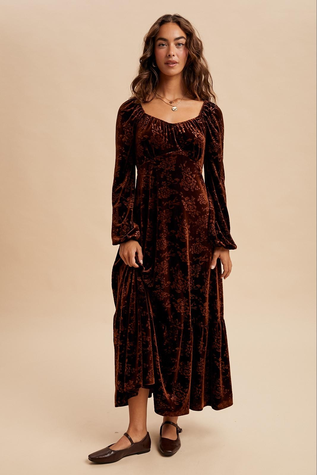 Brown Velvet Jacquard Floral Maxi Dress