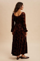 Brown Velvet Jacquard Floral Maxi Dress