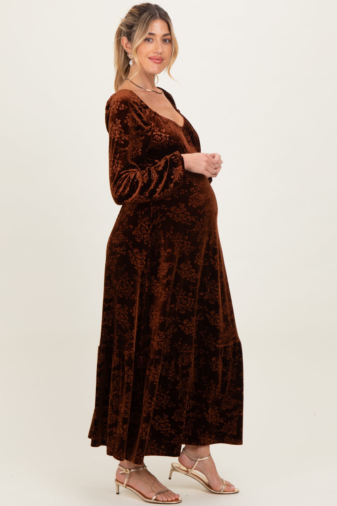 Brown Velvet Jacquard Floral Maternity Maxi Dress