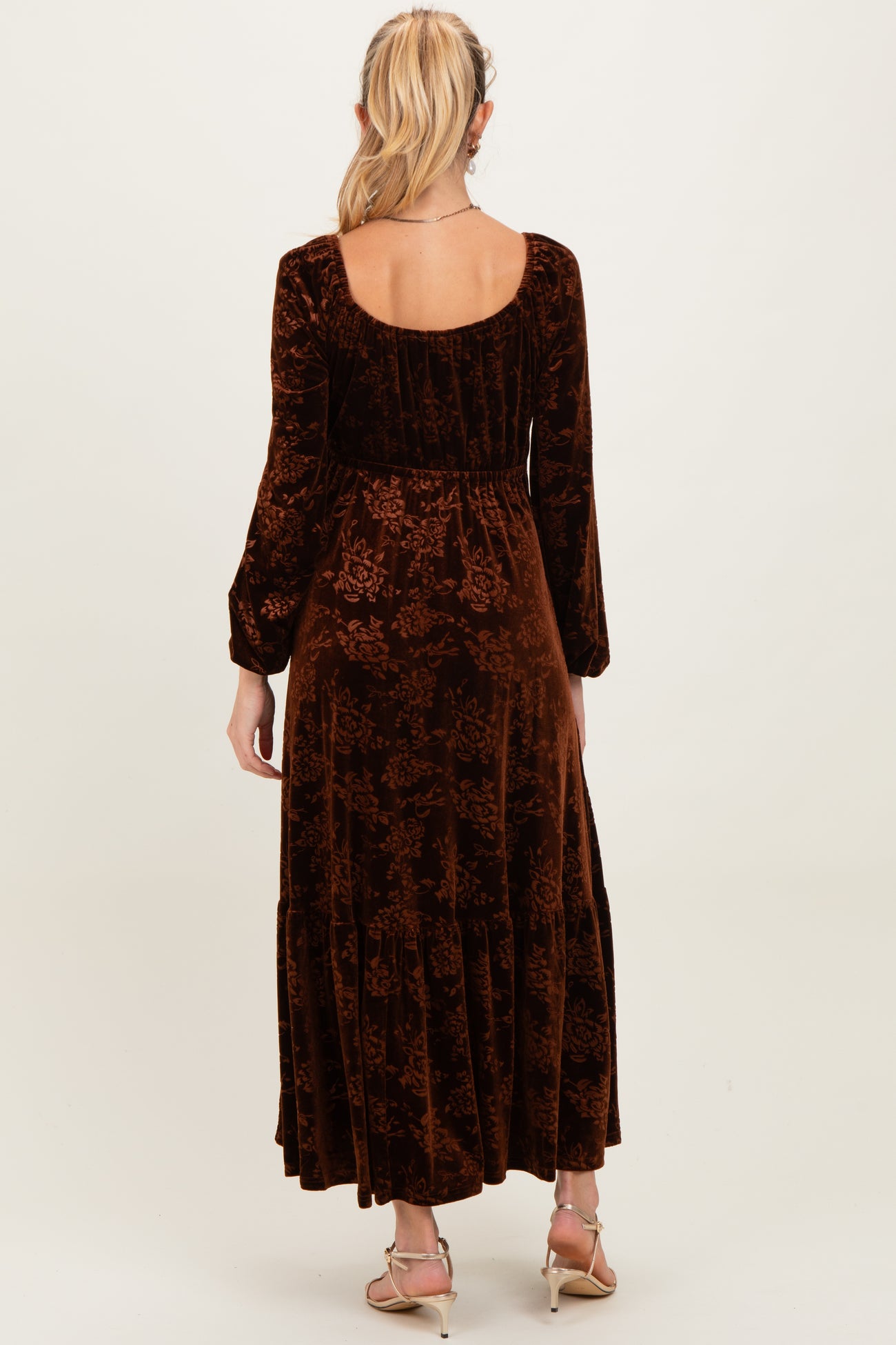 Brown Velvet Jacquard Floral Maternity Maxi Dress