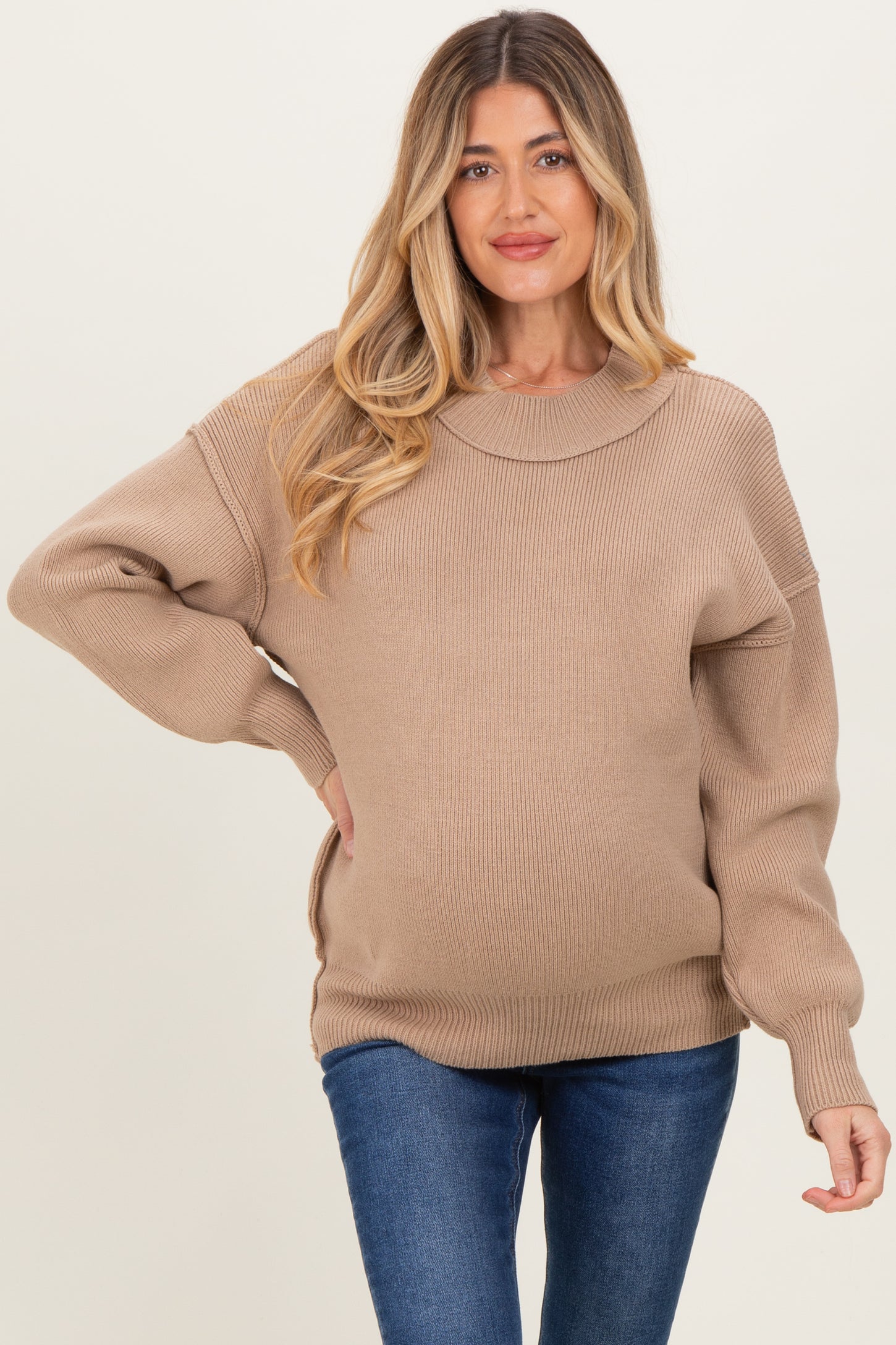 Light Mocha Wide Neck Drop Shoulder Maternity Sweater