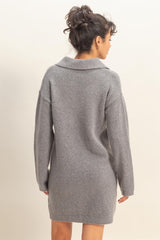 woman wearing a grey oversized sweater dress with a collar viewed from the back