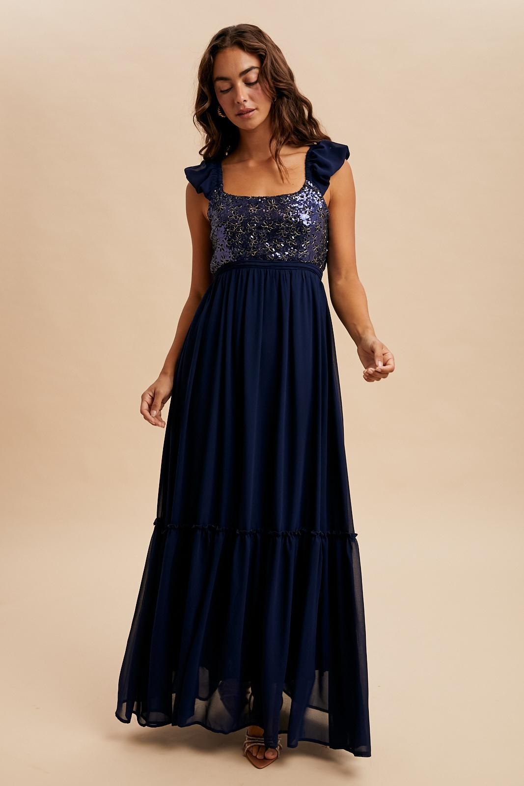 Navy Chiffon Sequin Bodice Maxi Dress