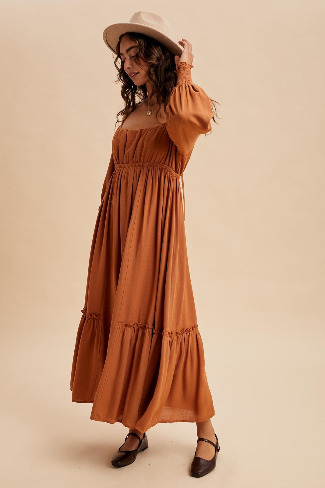 Rust Square Neckline Bubble Sleeve Maxi Dress