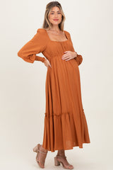 Rust Square Neckline Bubble Sleeve Maternity Maxi Dress