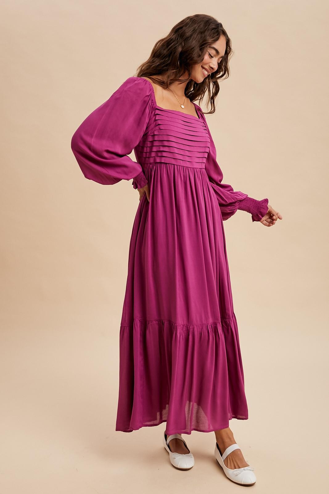 Magenta Pleated Bodice Long Sleeve Maxi Dress