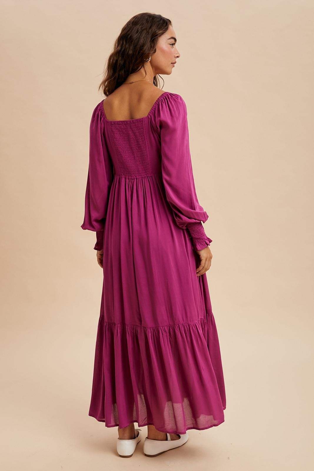 Magenta Pleated Bodice Long Sleeve Maxi Dress