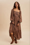 Mocha Pleated Bodice Long Sleeve Maxi Dress