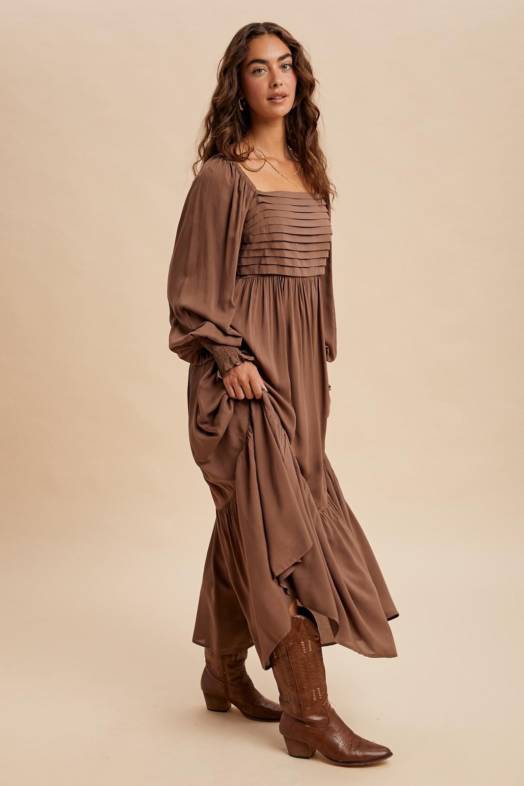 Mocha Pleated Bodice Long Sleeve Maxi Dress