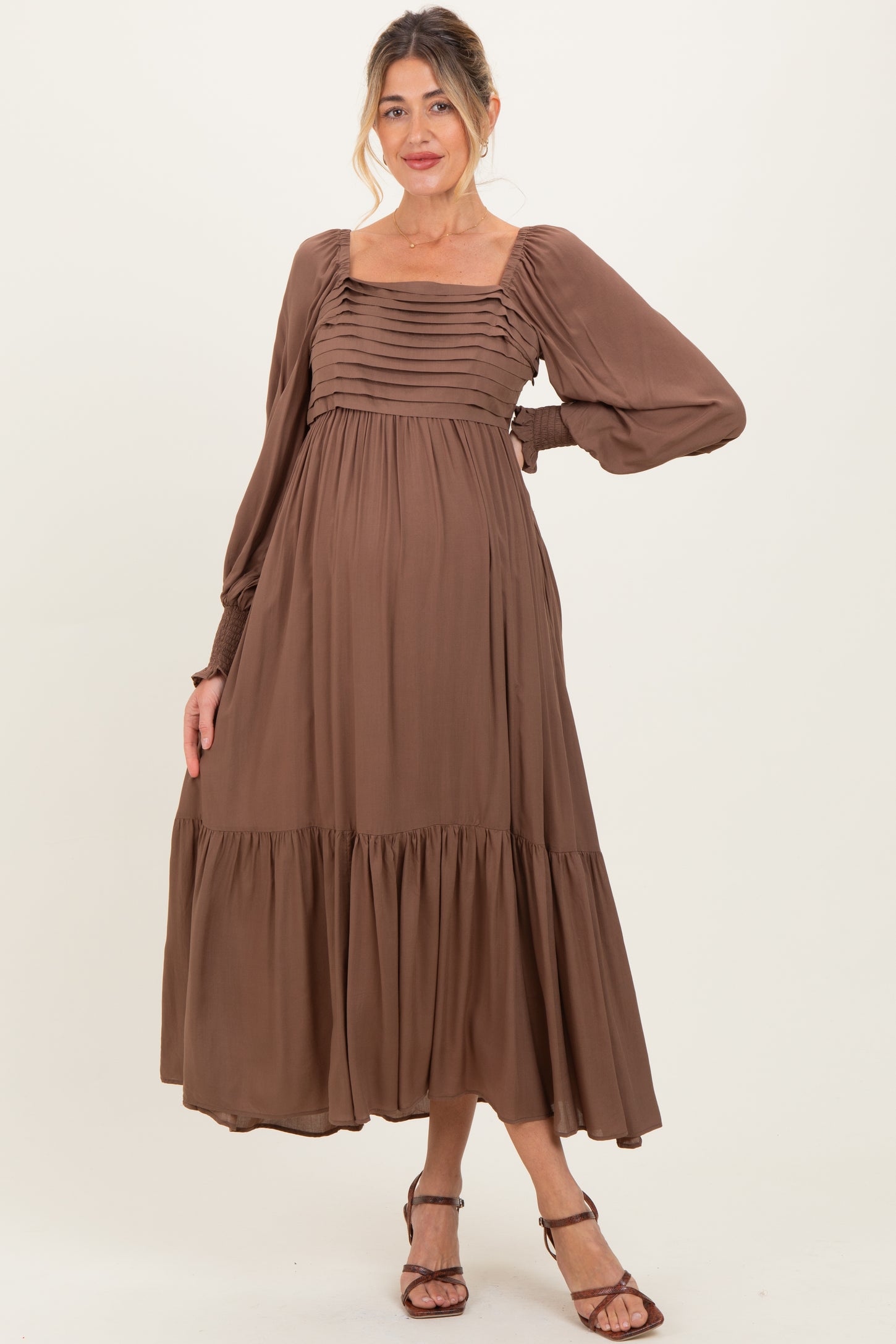 Mocha Pleated Bodice Long Sleeve Maternity Maxi Dress