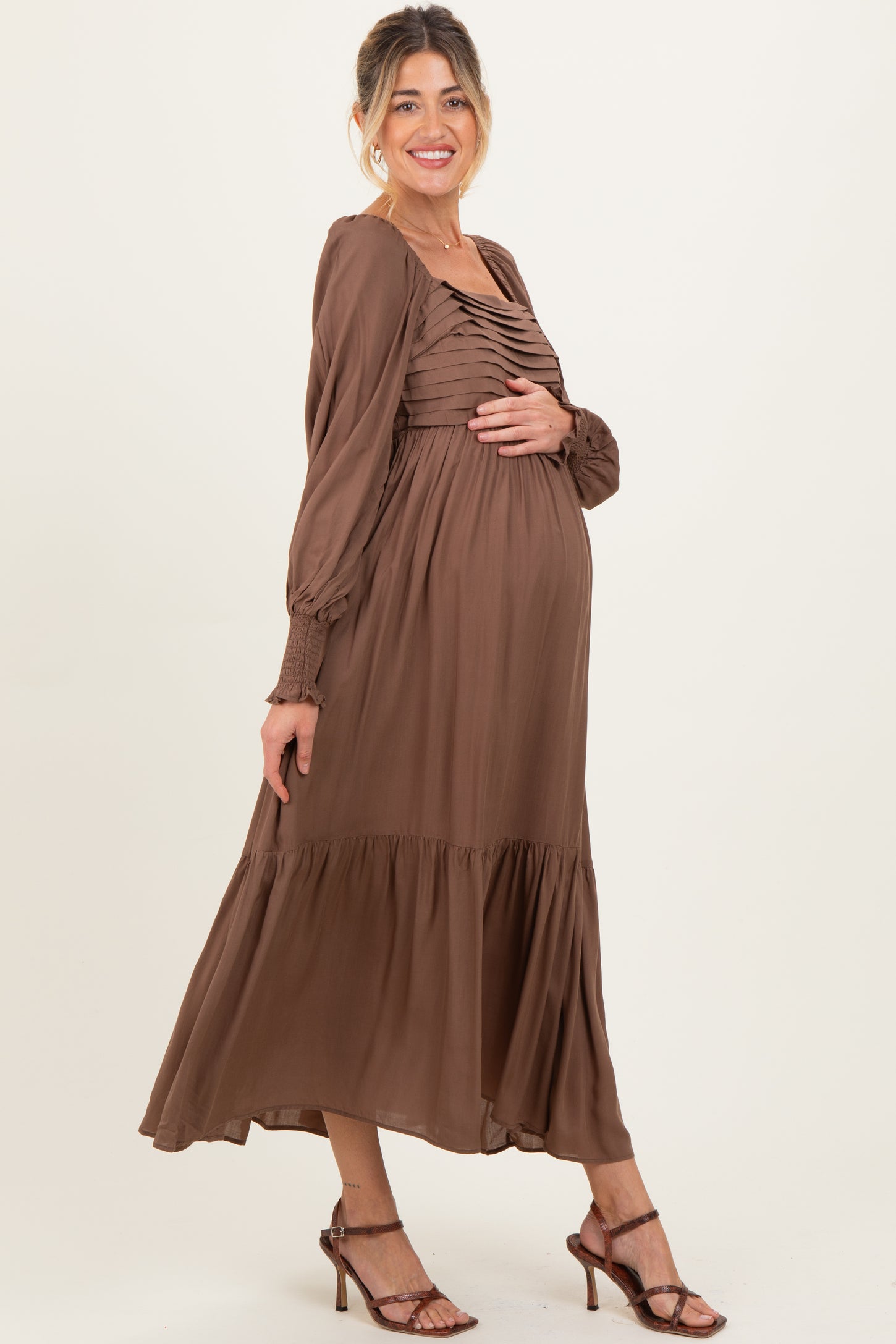 Mocha Pleated Bodice Long Sleeve Maternity Maxi Dress