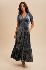 Blue Grey Velvet Floral Button Down Maternity Maxi Dress