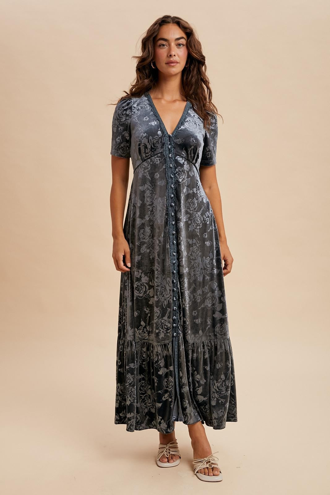 Blue Grey Velvet Floral Button Down Maxi Dress