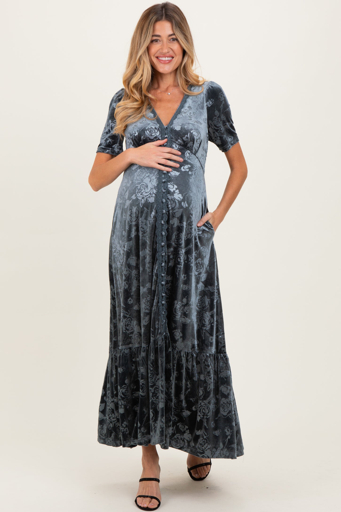Blue Grey Velvet Floral Button Down Maternity Maxi Dress