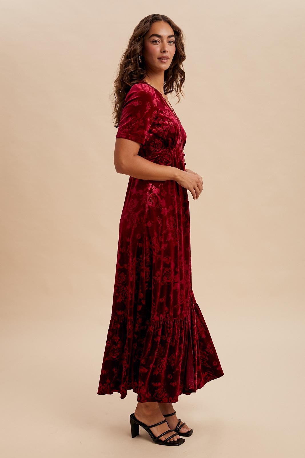 Burgundy Velvet Floral Button Down Maxi Dress