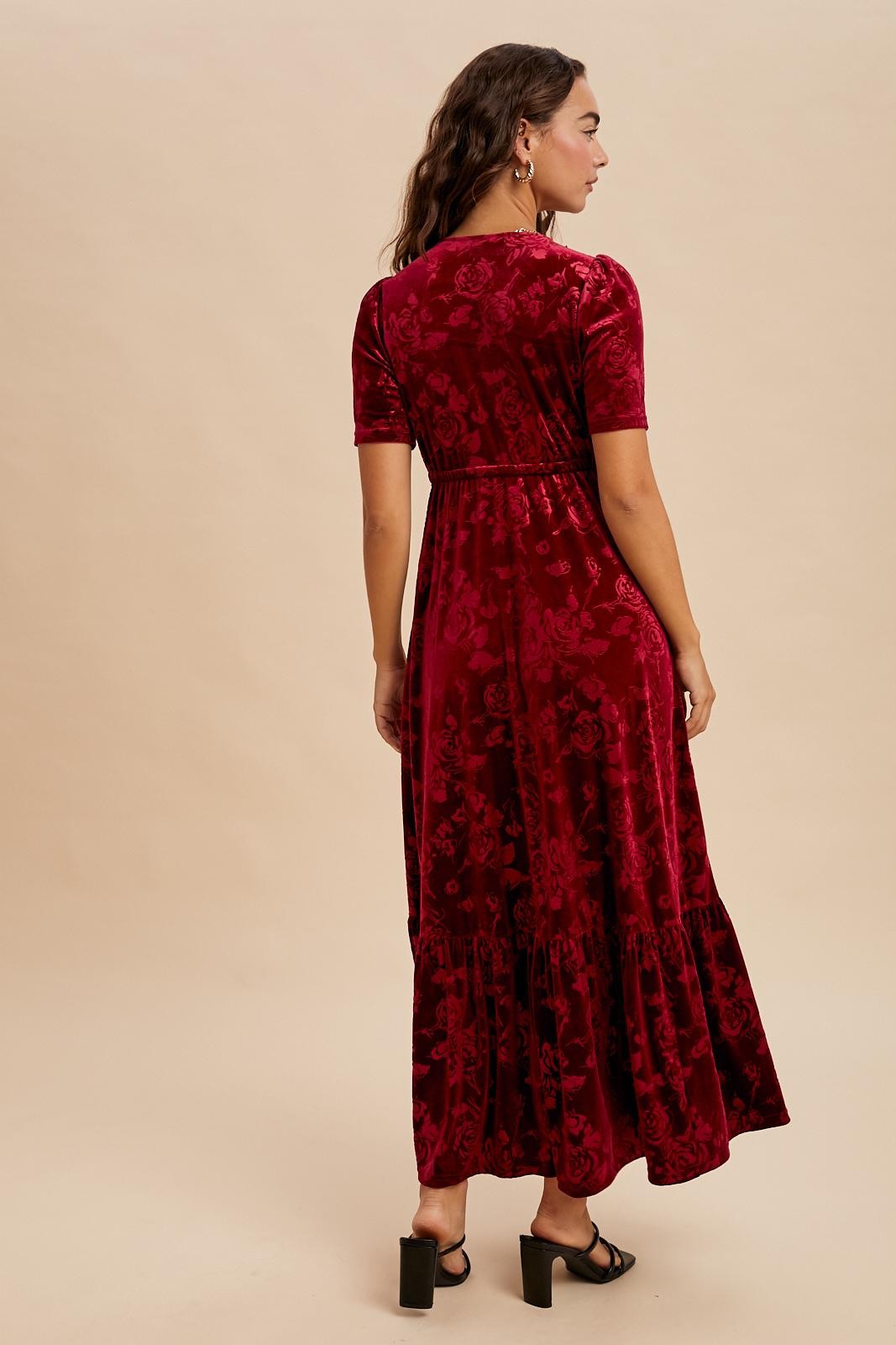 Burgundy Velvet Floral Button Down Maxi Dress
