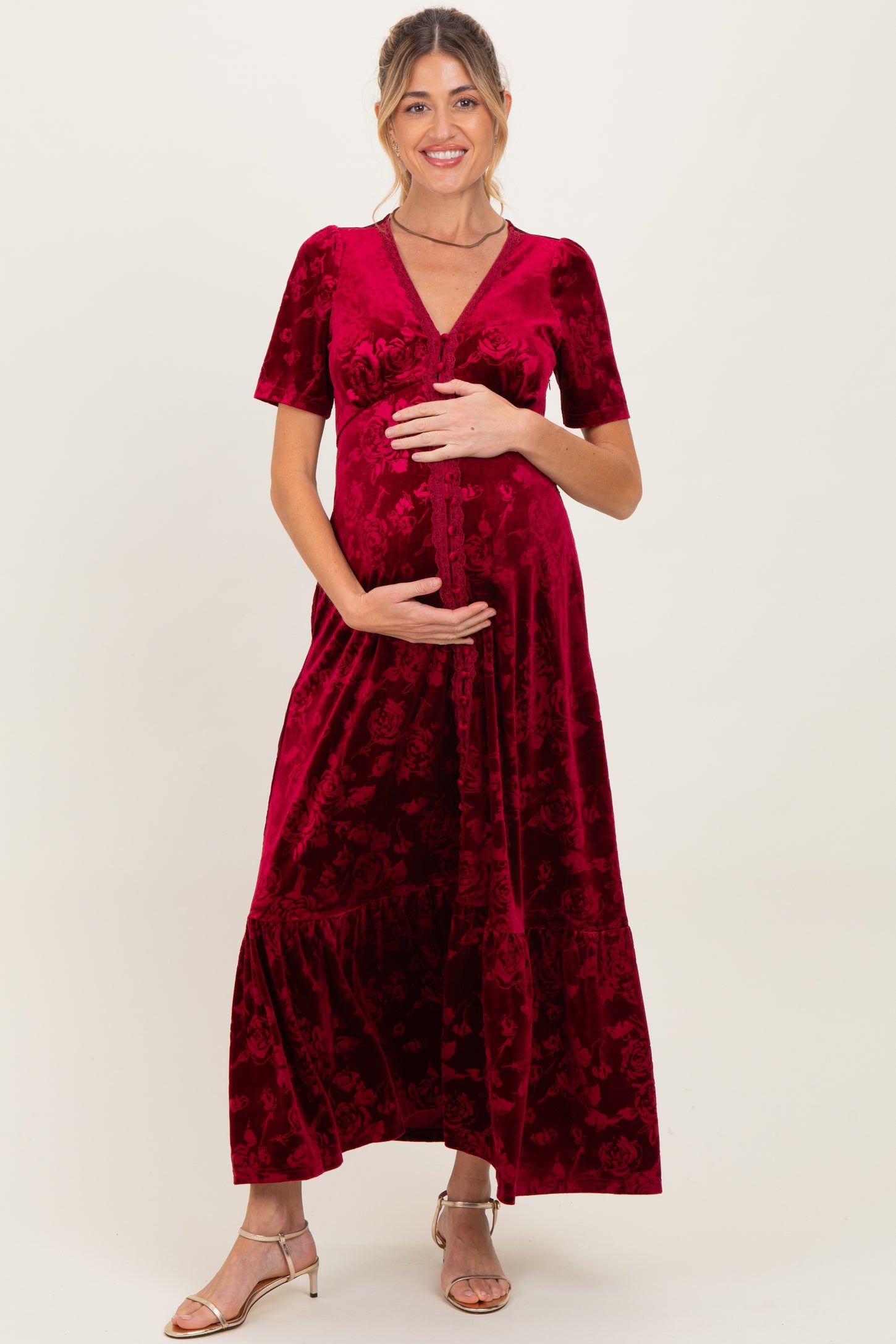 Burgundy Velvet Floral Button Down Maternity Maxi Dress