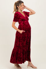 Burgundy Velvet Floral Button Down Maternity Maxi Dress
