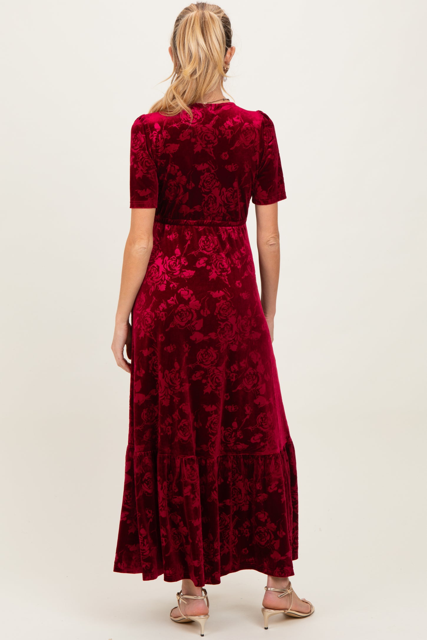 Burgundy Velvet Floral Button Down Maternity Maxi Dress