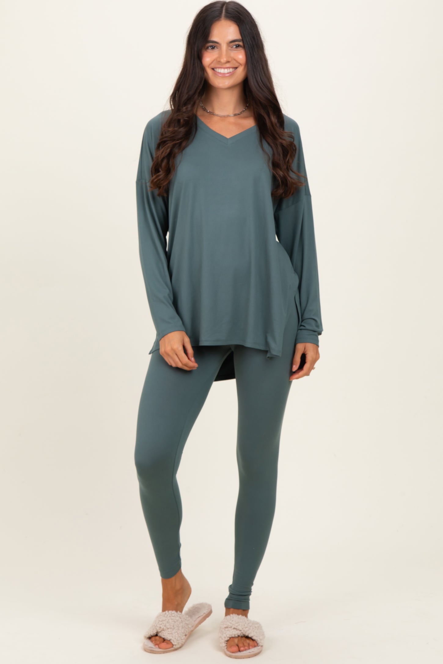 Olive Brushed Knit Maternity Oversized Top and Legging Set