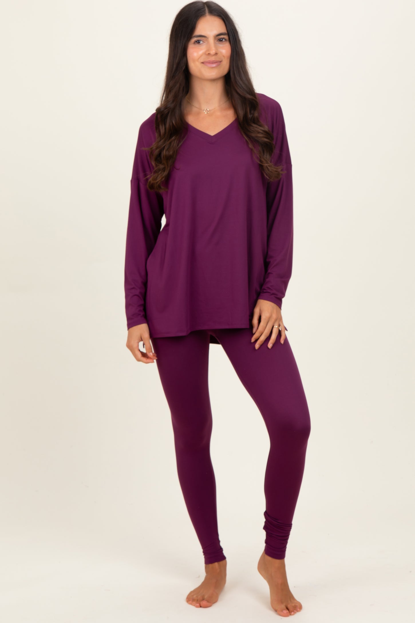 Plum Brushed Knit Maternity Oversized Top and Legging Set