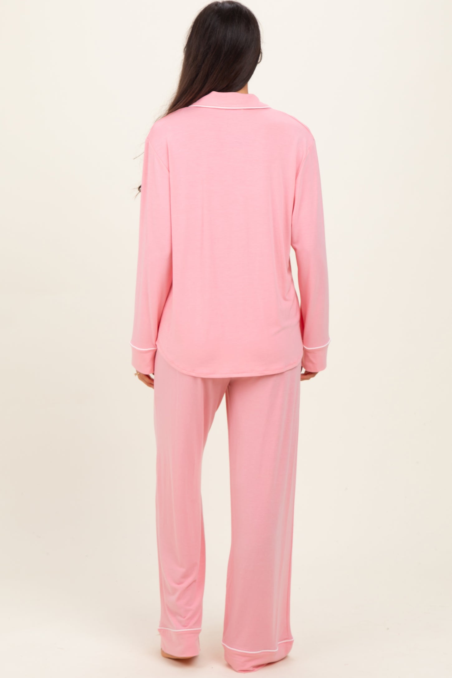 Light Pink Button Down Top Wide Leg Pant Pajama Set