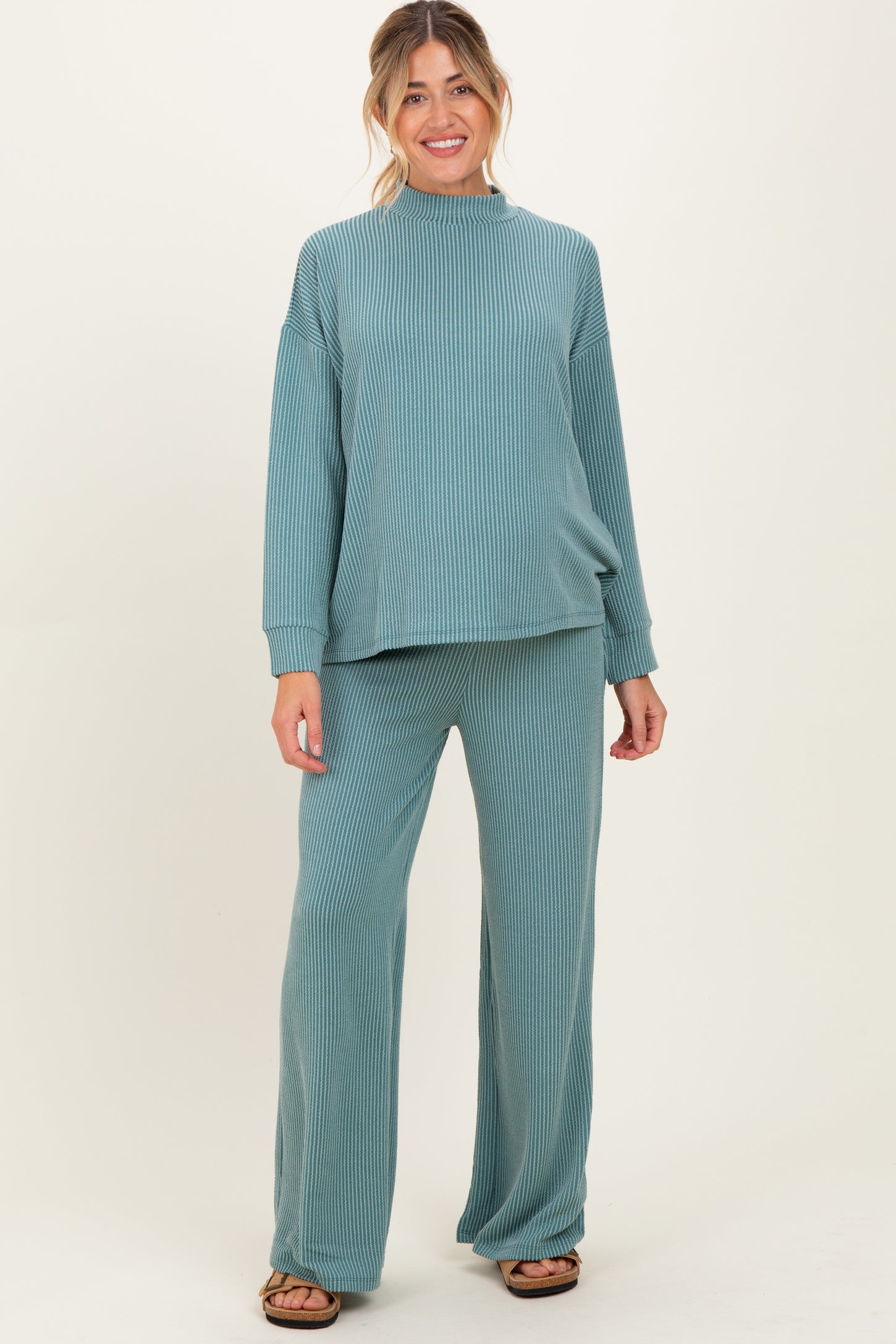 Jade Textured Rib Mock Neck Long Sleeve Pants Maternity Set