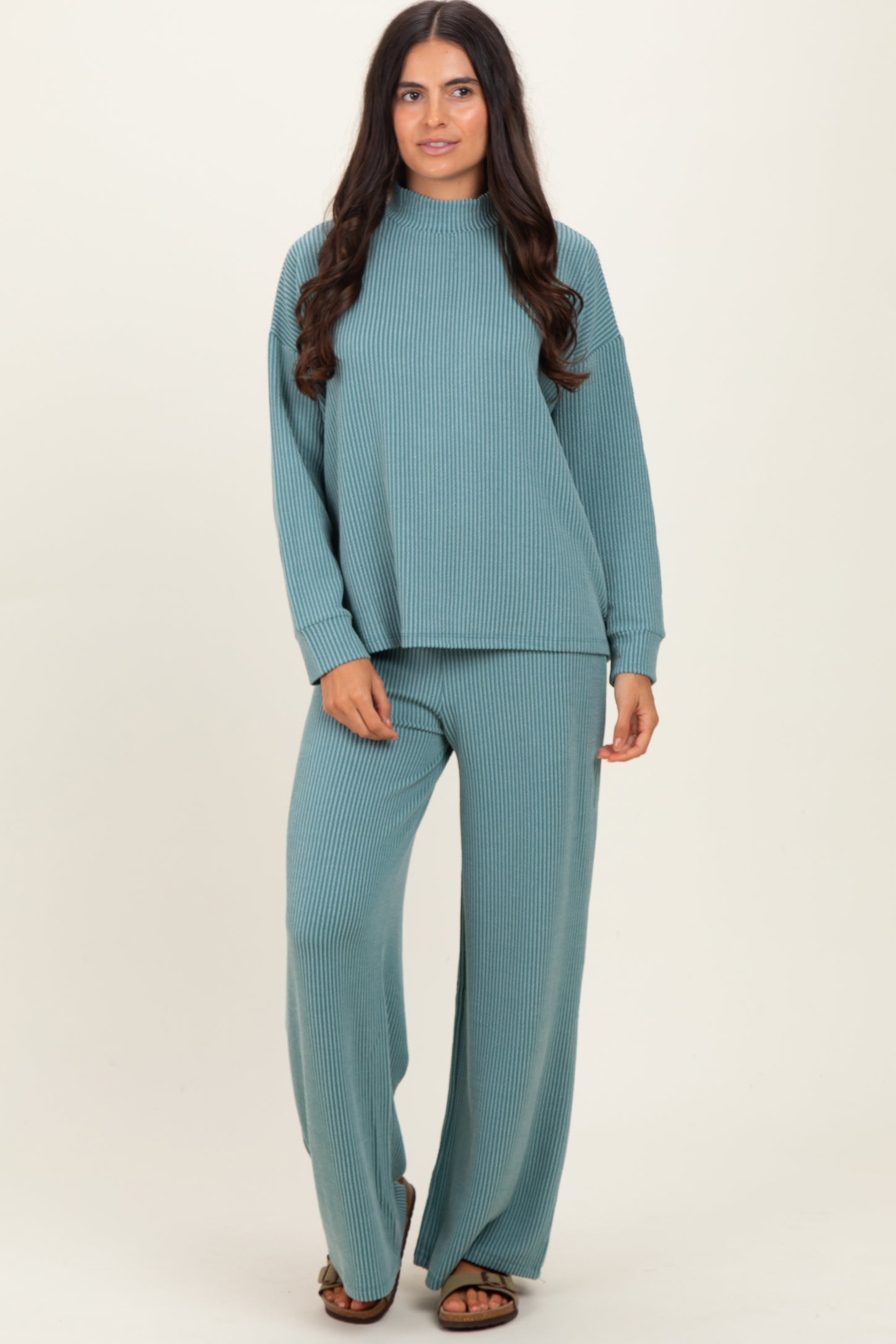 Jade Textured Rib Mock Neck Long Sleeve Pants Set