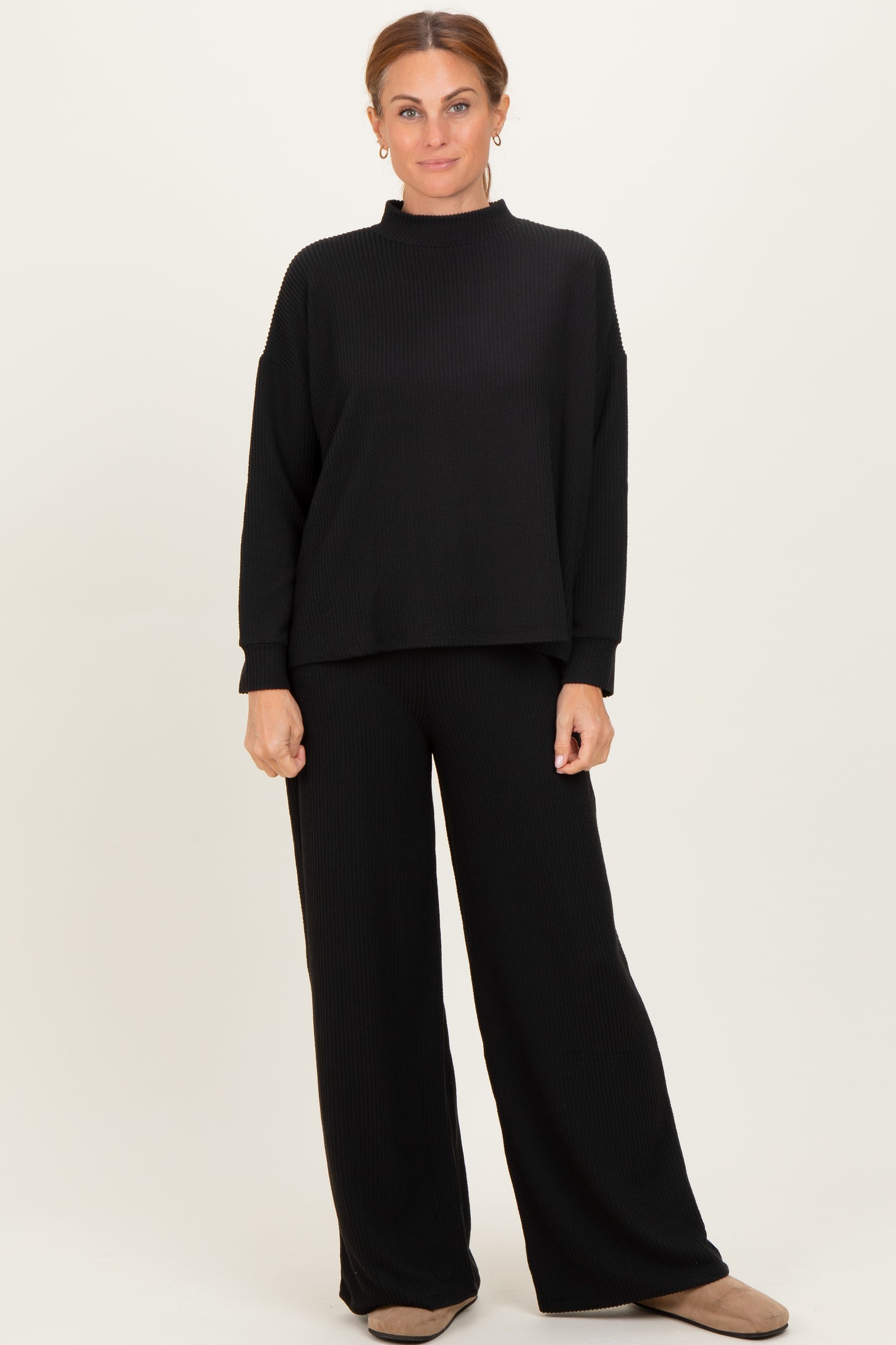 Black Textured Rib Mock Neck Long Sleeve Pants Set