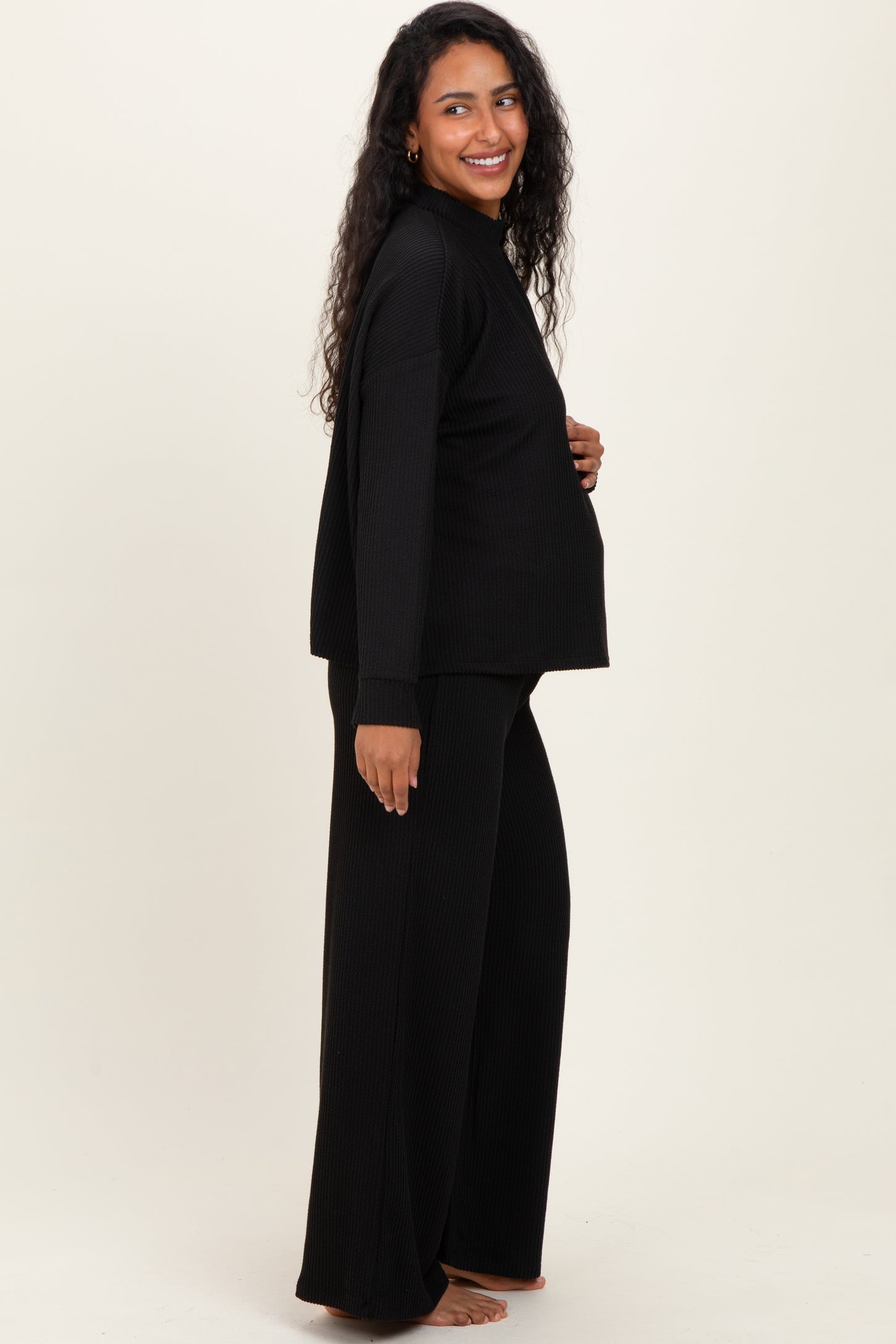 Black Textured Rib Mock Neck Long Sleeve Pants Maternity Set