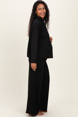 Black Textured Rib Mock Neck Long Sleeve Pants Maternity Set