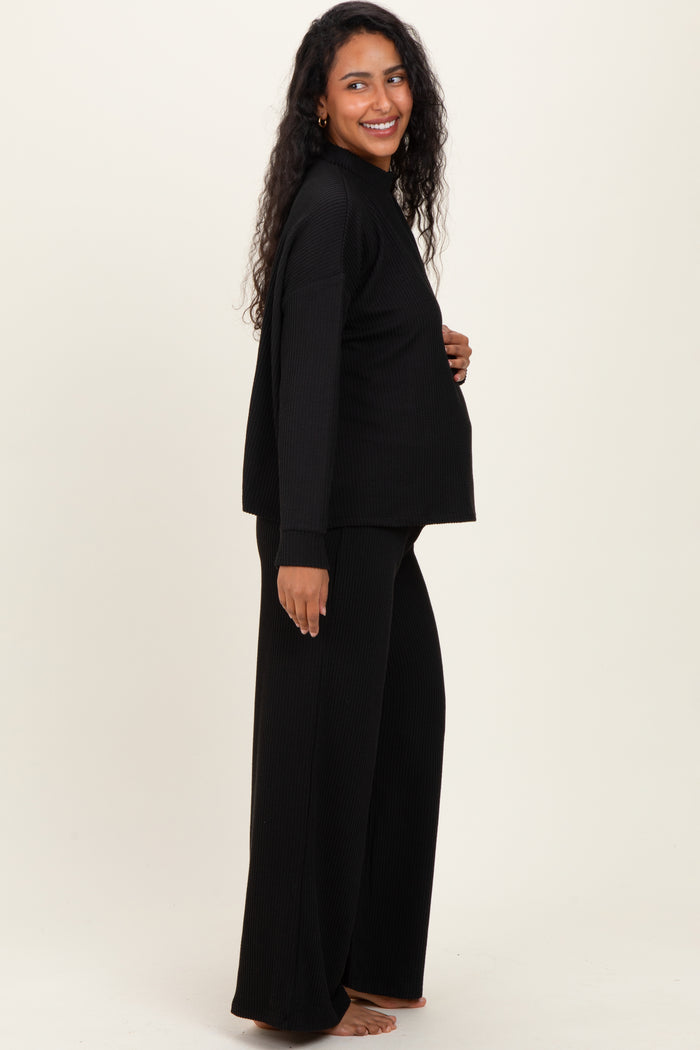 Black Textured Rib Mock Neck Long Sleeve Pants Maternity Set