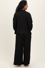 Black Textured Rib Mock Neck Long Sleeve Pants Maternity Set