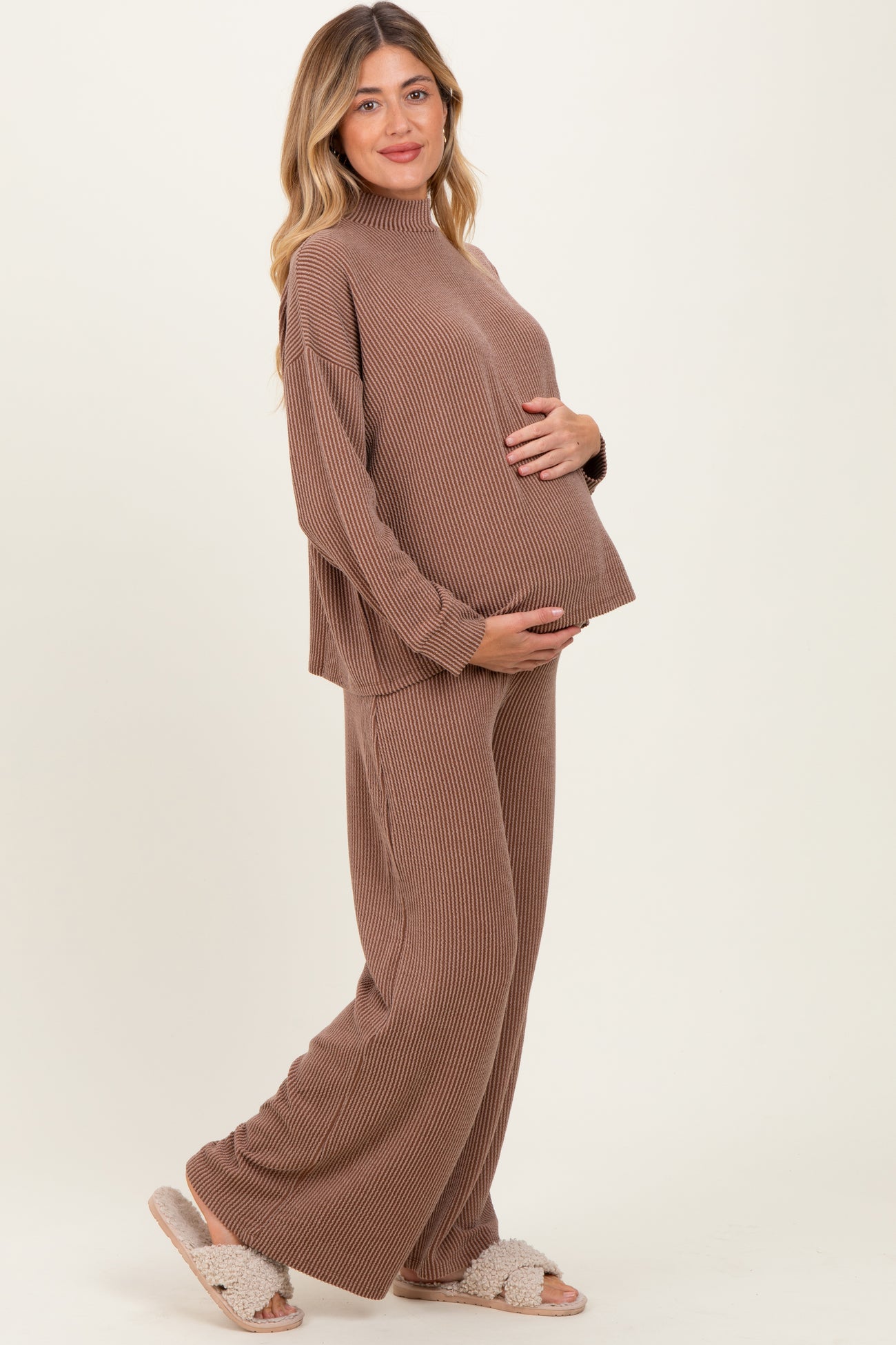 Mocha Textured Rib Mock Neck Long Sleeve Pants Maternity Set