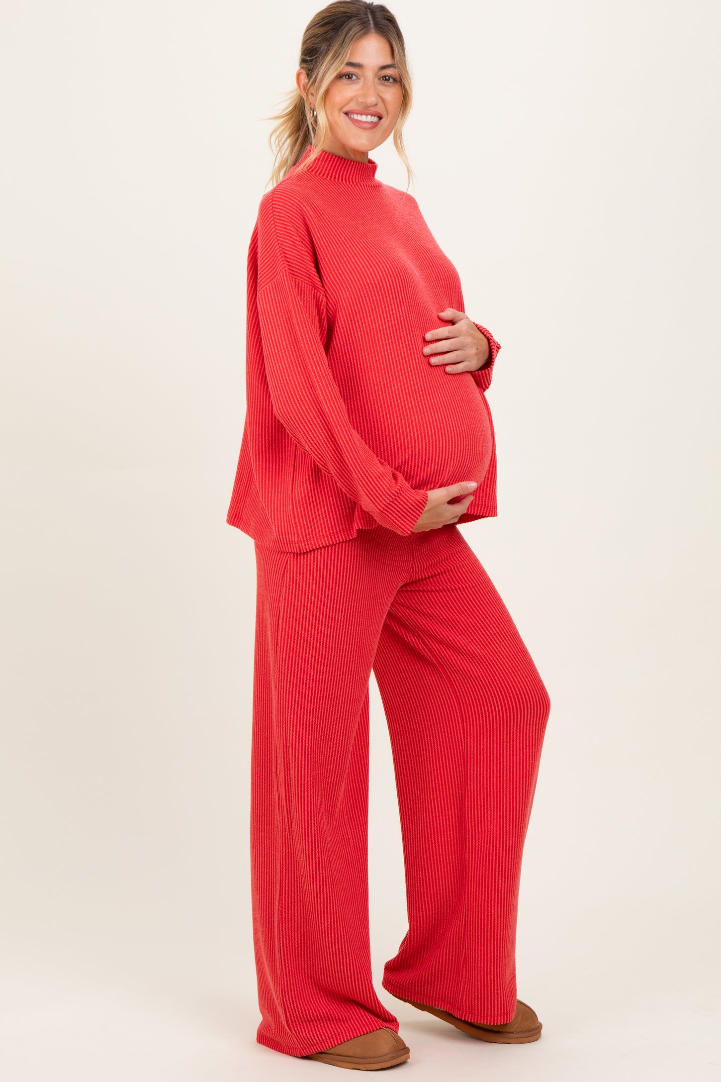 Red Textured Rib Mock Neck Long Sleeve Pants Maternity Set