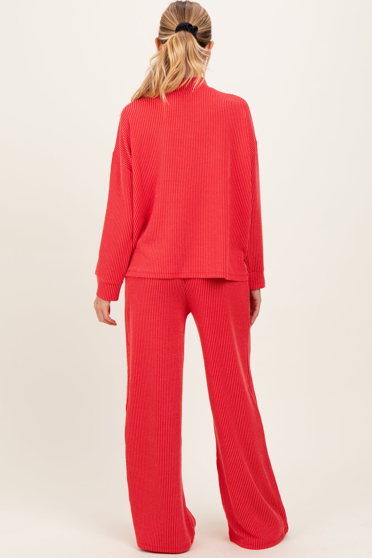 Red Textured Rib Mock Neck Long Sleeve Pants Maternity Set
