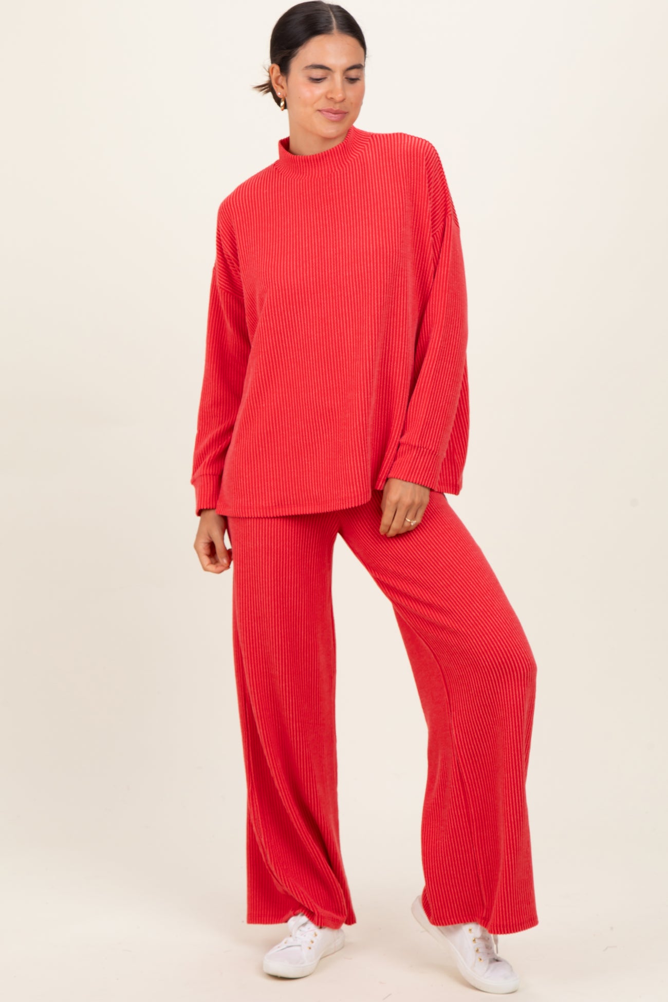 Red Textured Rib Mock Neck Long Sleeve Pants Set