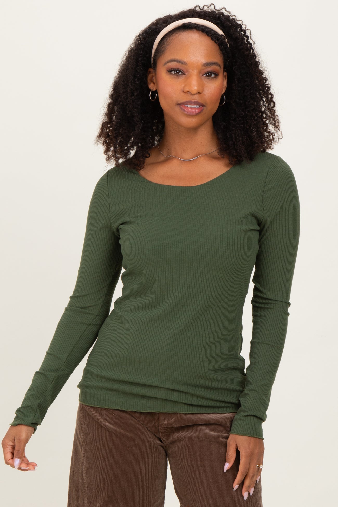 Olive Ribbed Long Sleeve Lettuce Trim Maternity Top