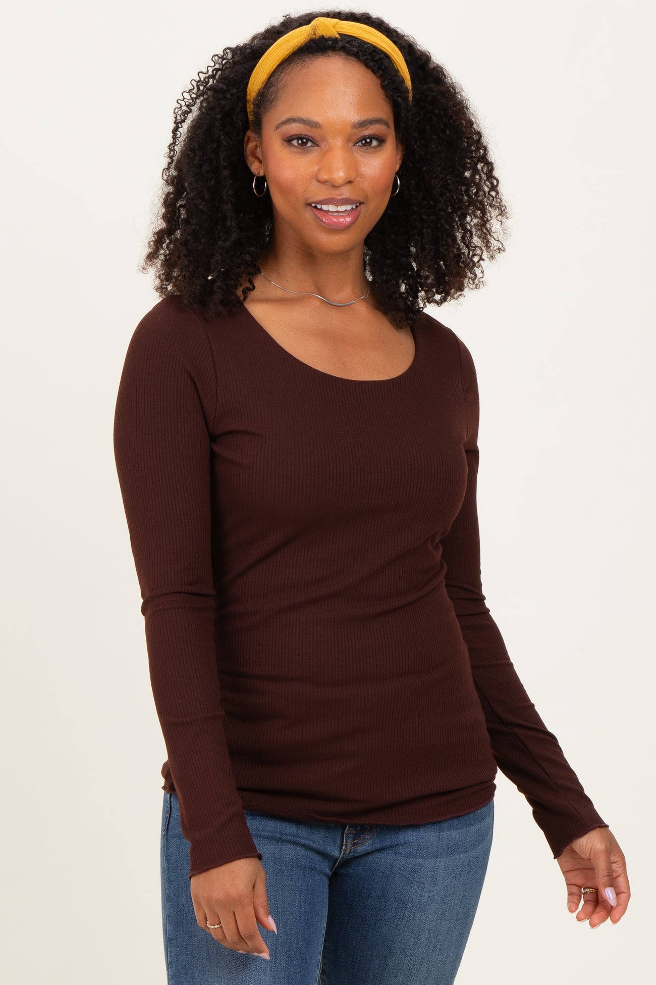 Brown Ribbed Long Sleeve Lettuce Trim Maternity Top