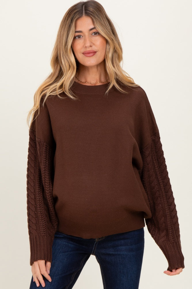 Brown Cable Knit Sleeve Round Neck Sweater
