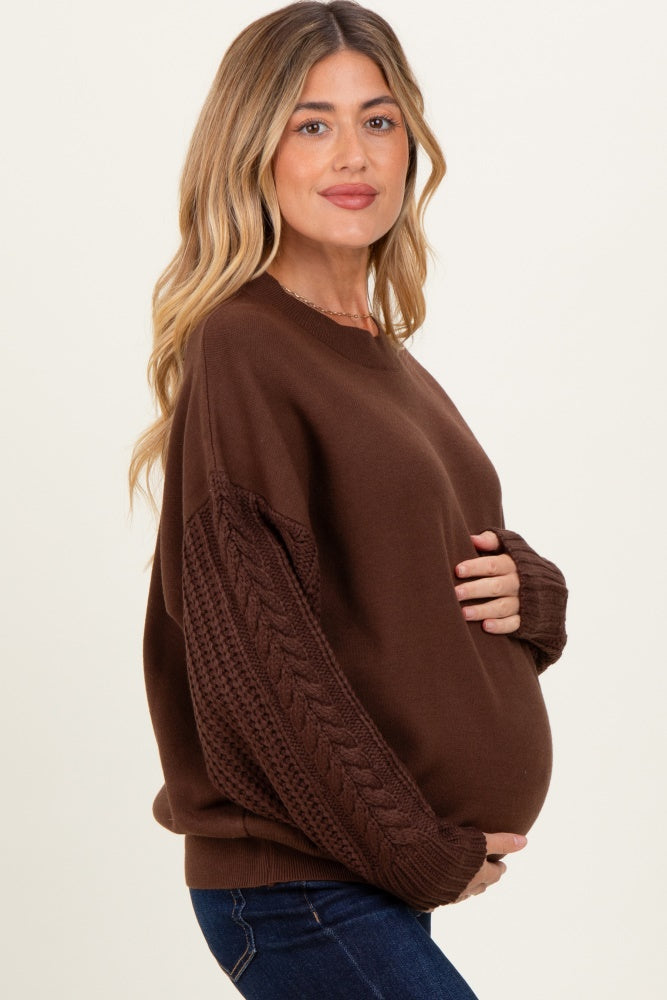 Brown Cable Knit Sleeve Round Neck Sweater