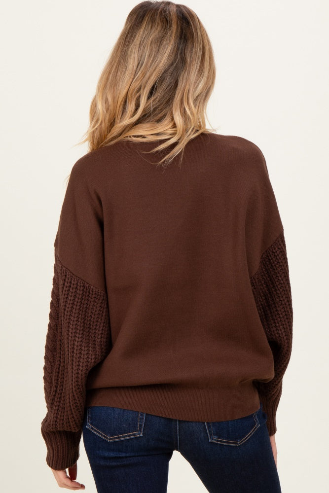 Brown Cable Knit Sleeve Round Neck Sweater