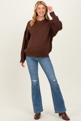 Brown Cable Knit Sleeve Round Neck Sweater