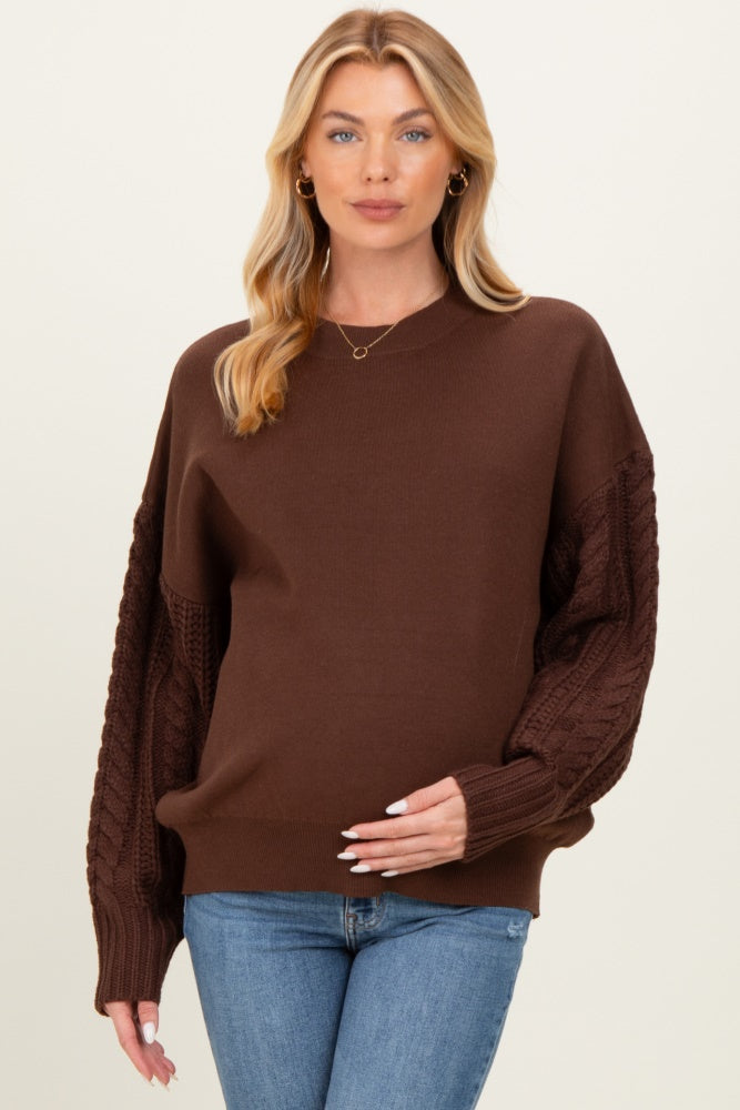 Brown Cable Knit Sleeve Round Neck Sweater