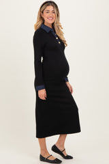 Black Denim Trim Maternity Knit Dress
