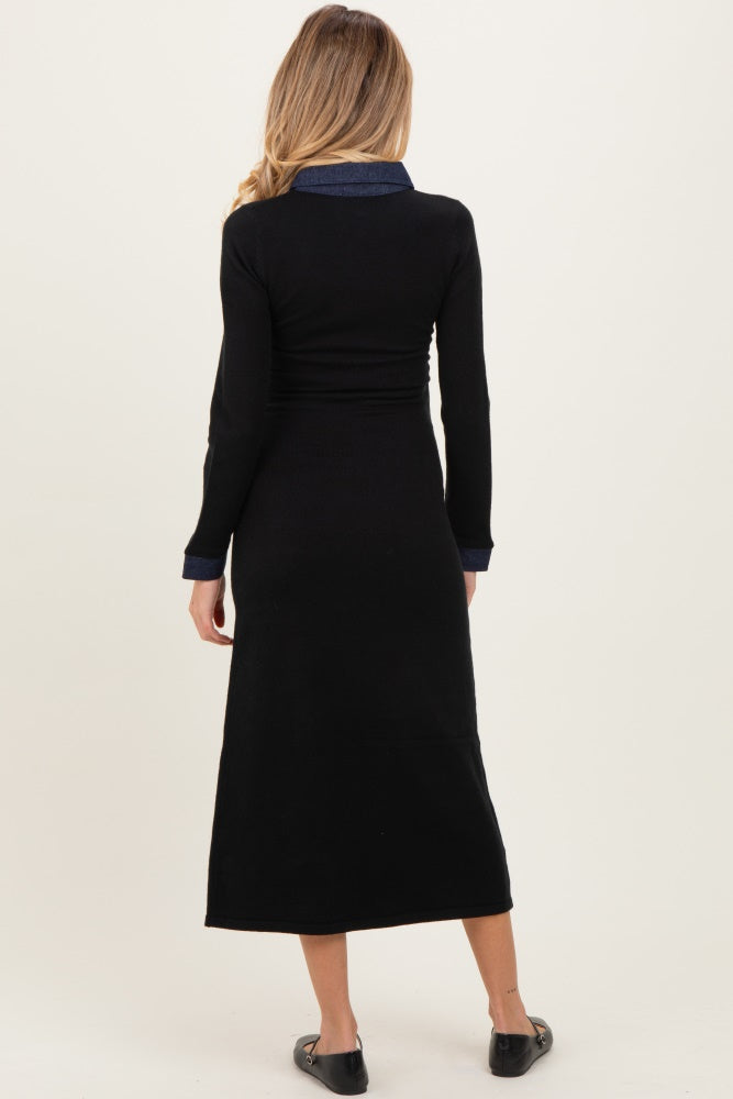 Black Denim Trim Maternity Knit Dress
