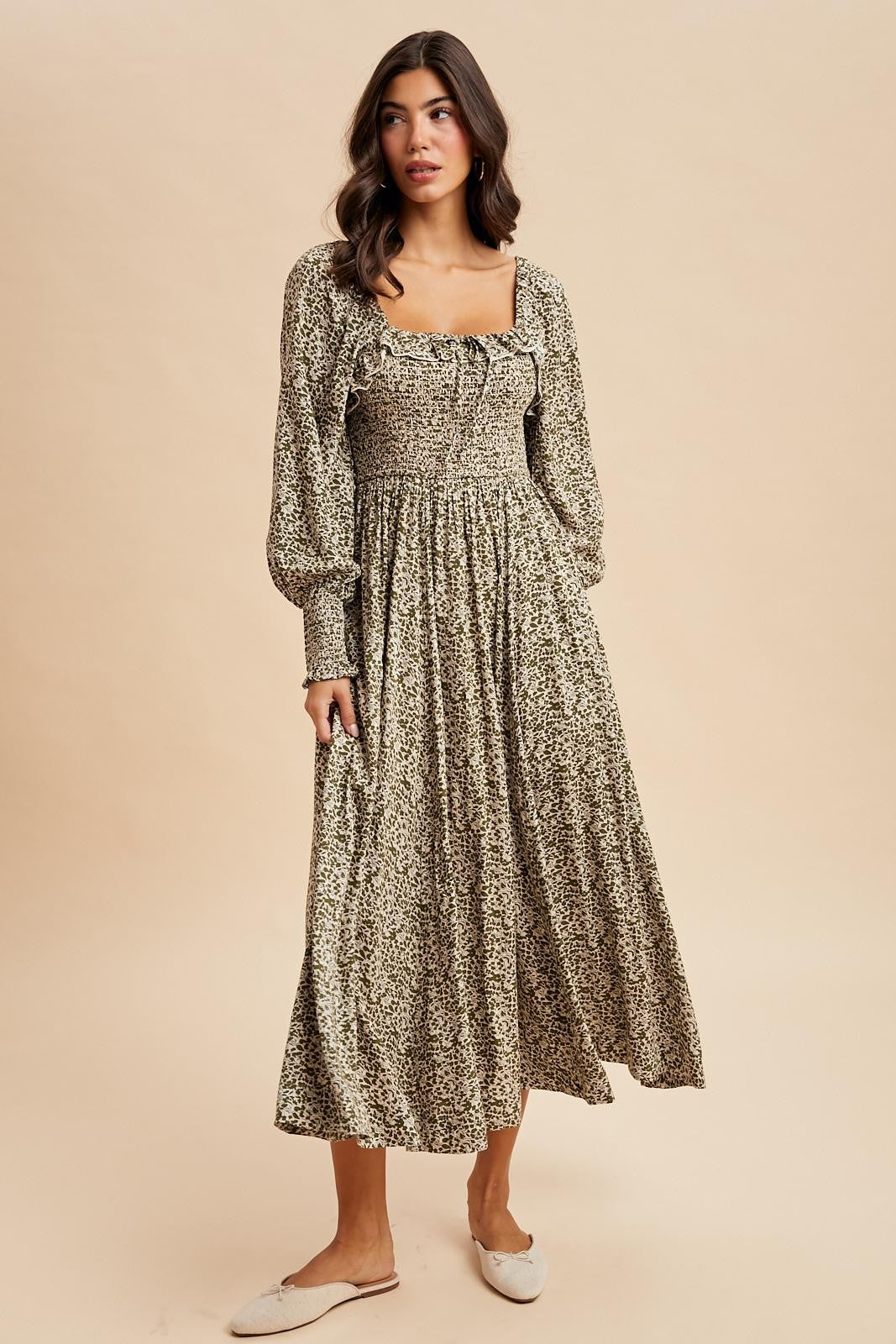 Light Olive Smocked Ruffled Floral Maxi Dress