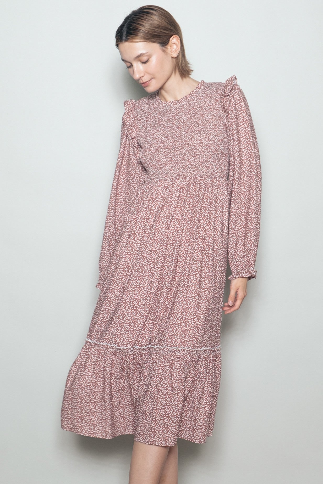 Rust Tiny Floral Ruffled Mock Neck Babydoll Maternity Midi Dress