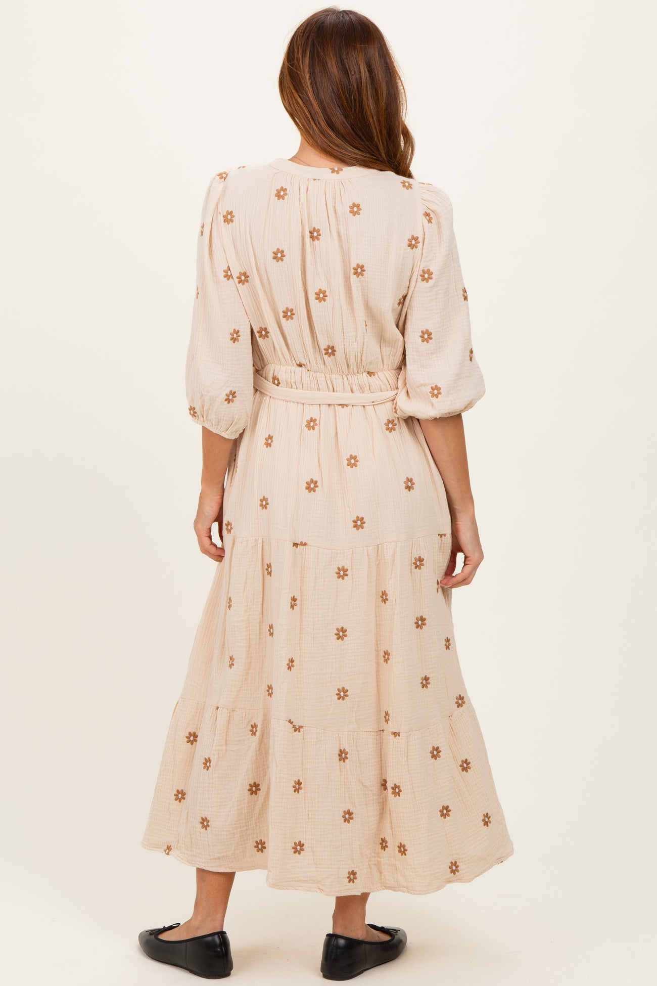 Brown Floral Cotton Gauze Tiered Midi Dress